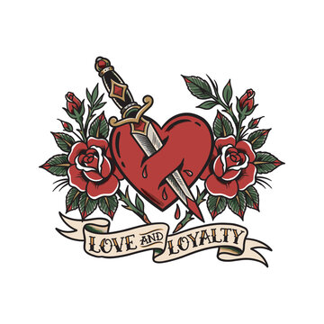 Red heart tattoo pierced by an ornate dagger, surrounded by roses, leaves, and a vintage ribbon reading Love and Loyalty in bold traditional decorative artwork
