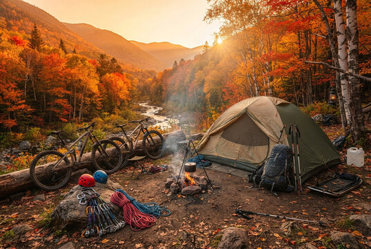 Tent and bicycles at campsite in autumn forest during sunset.