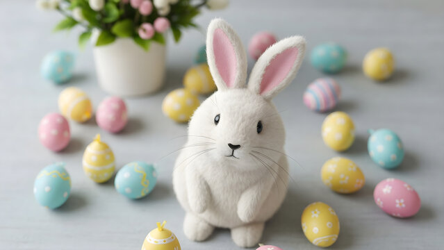 Adorable White Easter Bunny Figurine Surrounded by Colorful Pastel Patterned Eggs on a Light Gray Tabletop Background