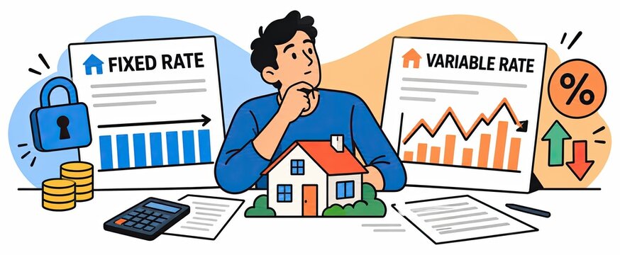 Illustration of a homeowner comparing fixed and variable mortgage rates with charts, a house, calculator, and lock.