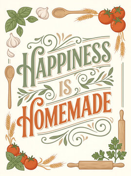 Vintage Kitchen Typography Quote Happiness Is Homemade with Cooking Ingredients Frame