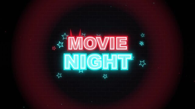 Neon Movie Night Sign with Red Glow and Decorative Stars