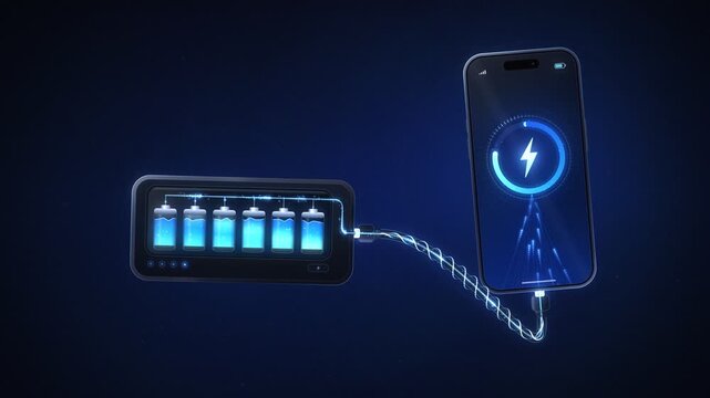 Power bank fast charging a modern smartphone with glowing energy flow animation