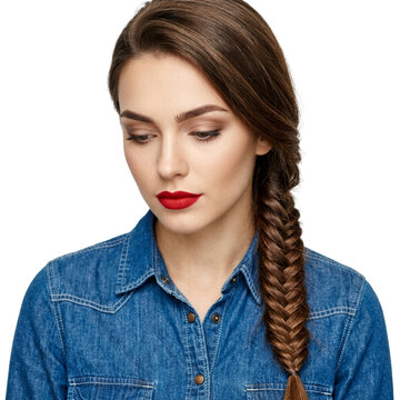 Young Woman Looking Down with Fishtail Braid and Red Lipstick, Isolated on White Background