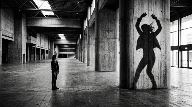Woman dancing and casting shadow on concrete pillar in empty industrial hall