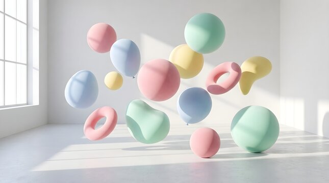 3D render of floating pastel geometric shapes and balloons in a bright minimalist white studio room with sunlight.