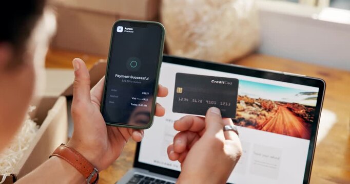 Man, hands and credit card with phone for travel app, payment or planning road trip in home. Male person, user or confirmation with debit or technology for transaction approval, holiday or vacation