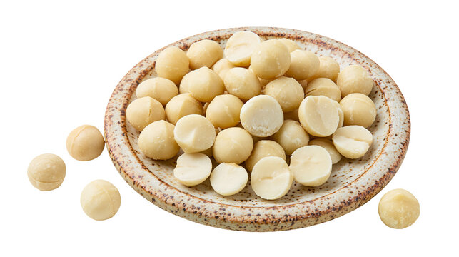 Isolated delicious healthy macadamia nuts on ceramic plate and scattered on surface