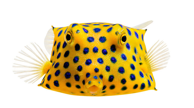 Isolated yellow boxfish with striking blue polka dot pattern, exotic tropical marine aquarium fish.