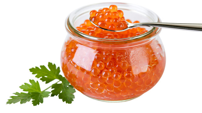 Isolated red caviar, fresh salmon roe in a glass jar with a spoon, delicious food.