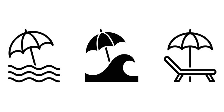 Set of vacation and beach icons with sun parasol ocean waves and lounge chair.