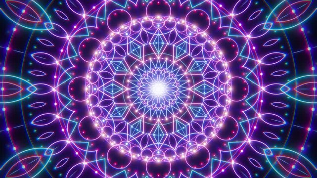 Hypnotic neon kaleidoscope mandala loop with glowing light patterns background animation