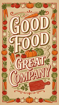 Vintage Kitchen Quote Good Food Great Company surrounded by Fresh Vegetables Frame