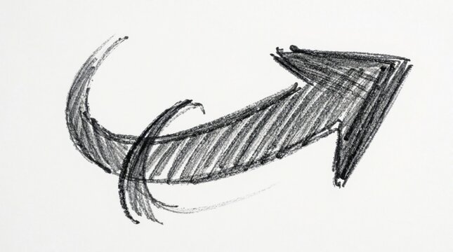 Hand drawn black charcoal arrow sketch on white paper. Curved directional sign with rough shading, dynamic movement. Scribble style pointer indicates growth, progress change. Minimalist pencil