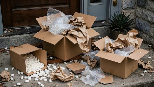 Unopened cardboard delivery boxes filled with protective bubble wrap, crumpled paper, and styrofoam 