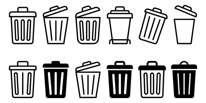 Trash can icon set for waste management and recycling projects in various linear and solid styles.