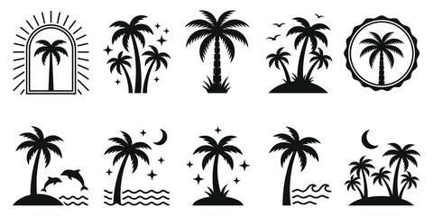 Palm tree silhouette collection featuring tropical island and beach vacation themes for summer design projects. © adobe king