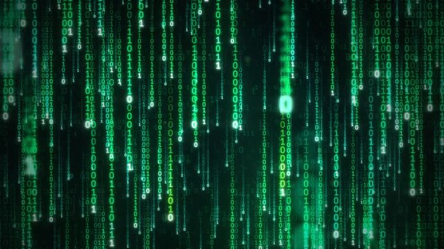 Matrix digital rain with glowing green binary numbers falling down screen loop