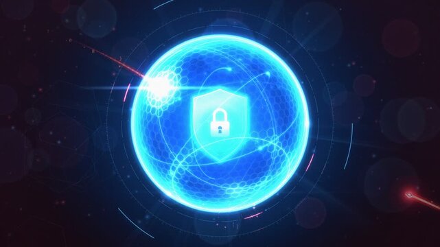 Cybersecurity firewall shield blocking glowing red cyber attacks in digital space