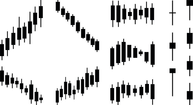 Black candlestick chart pattern on a white background illustrates financial market data and investment trends
