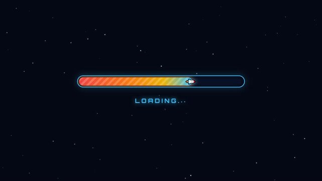 Premium 4K UI animation of a sci-fi space rocket launch progress bar with blazing engine trail gradient, parallax scrolling starfield, and vanishing r.