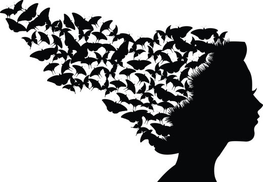 Silhouette of a woman profile with hair made of flying butterflies butterfly hair female profile woman head abstract woman nature art woman icon 