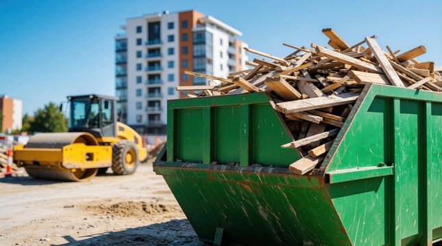 Green industrial dumpster filled with wooden debris at construction site. Yellow road roller machine works near building renovation area. Large metal waste container holds scrap wood materials