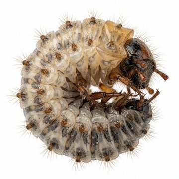 Macro shot of white may larva on plain background. Close up of slimy insect grub with hairy body, brown head. Larvae pest eats plant roots in garden farm agriculture soil. Zoology study of insect