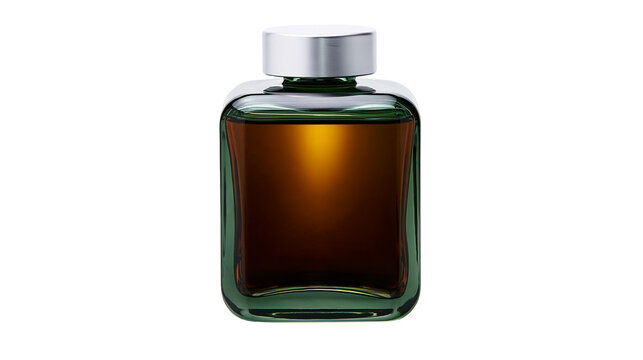 Isolated rectangular dark green glass bottle with silver cap and golden liquid in high detail