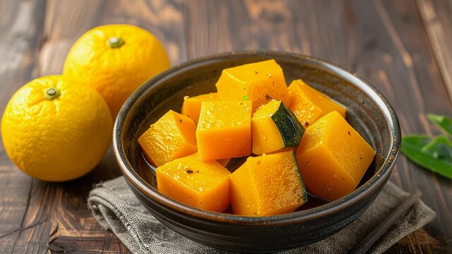 Steam rising from simmered kabocha squash with yuzu citrus for the Japanese winter solstice, static shot