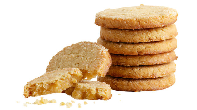 Isolated delicious stack of golden shortbread cookies and broken pieces with crumbs, sweet treat.