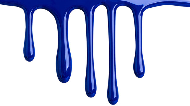 Isolated vibrant blue paint dripping and flowing down, forming glossy liquid streaks