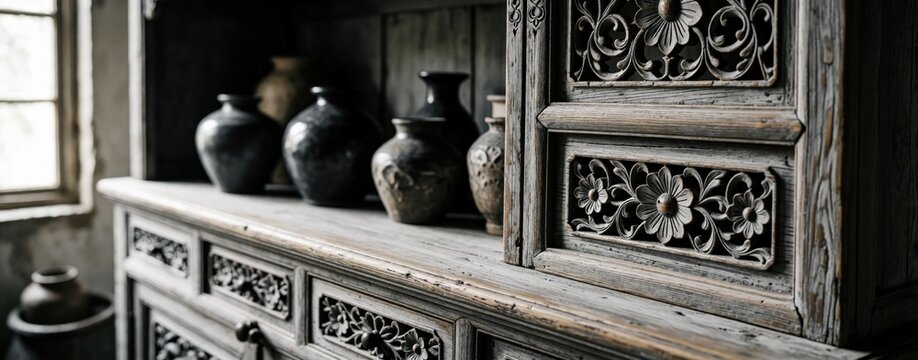 Antique wooden cupboard with ornate floral carvings stands indoors. Old dark ceramic vases sit on rustic sideboard shelf. Vintage furniture piece features detailed wood texture, retro style. Empty