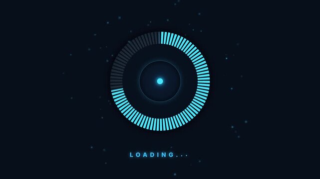 Premium 4K UI animation of a minimalist radial dot-matrix progress ring with cyan glowing segments, orbital data particles, and pulsating core energy.