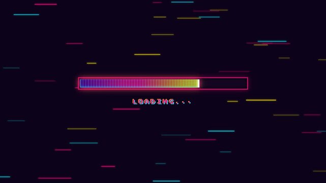 Premium 4K UI animation of a retro 80s synthwave progress bar with sunset neon gradients, outrun grid overlays, and fast horizontal neon speed lines.