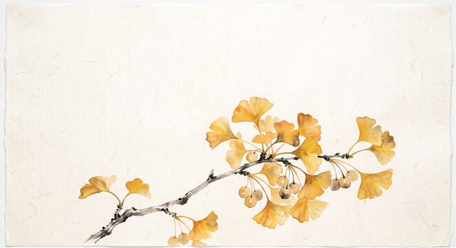 Contemporary ink wash painting autumn ginkgo seeds and branch on Xuan paper