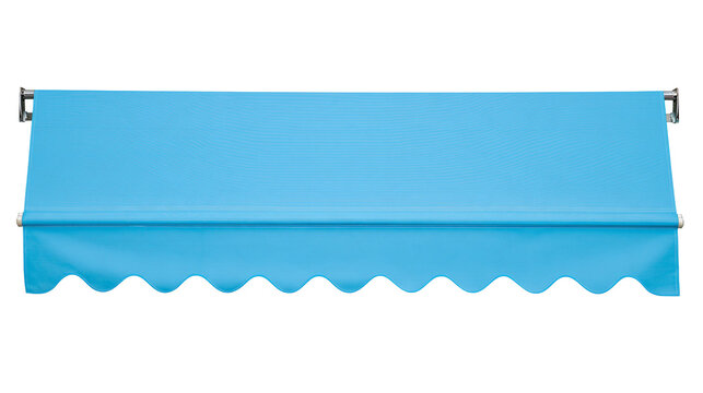 Isolated light blue retractable outdoor awning with a stylish decorative wavy scalloped edge.