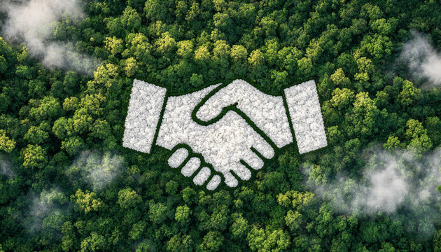 Eco friendly handshake shape formed by dense green forest canopy trees viewed from above with white clouds floating around in serene natural landscape setting