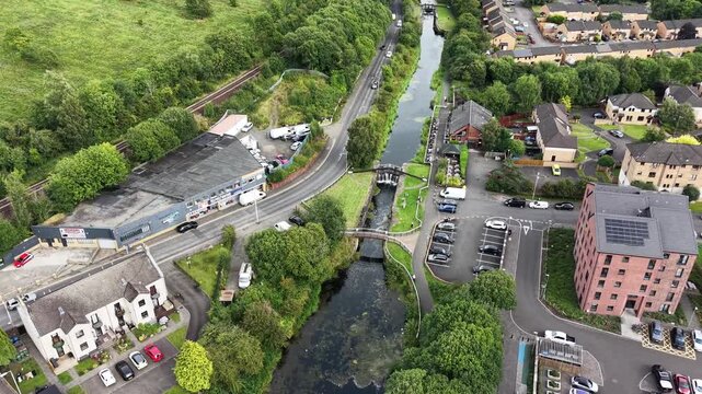 Aerial drone daytime view of Glasgow, Forth and Clyde Canal, Scotland