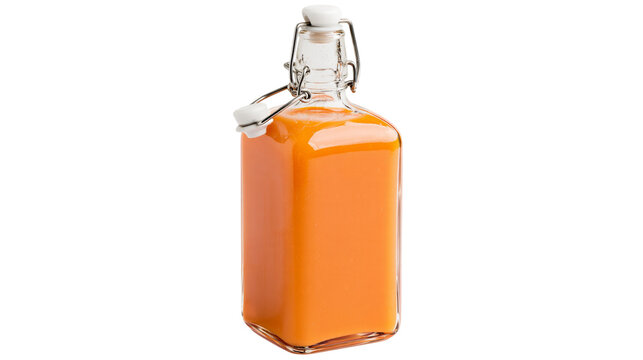 Isolated square glass bottle filled with vibrant orange beverage and a swing-top stopper