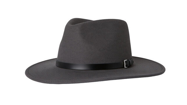 Isolated fashionable dark grey wool fedora hat with a black strap and silver buckle