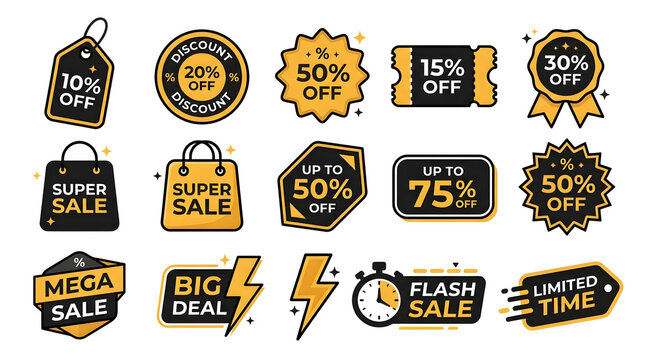 Black Friday discount badge vector icon collection. Yellow and black sale labels, price tags, shopping bag promo stickers, and flash deal badges bundle isolated on white background