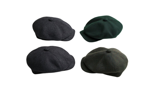 Isolated four fashionable traditional fabric newsboy and flat caps in dark colors, 19th century style.