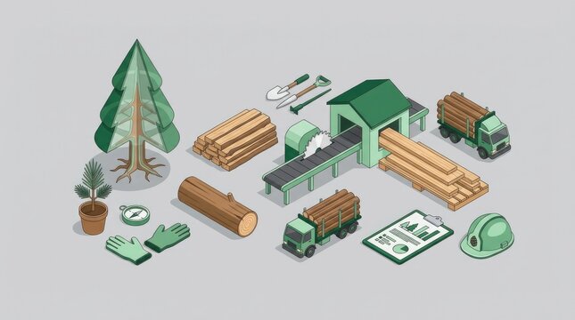 Transparent pine tree, log, sawmill, seedling, wood plank and forestry industry elements arranged into a clean balanced composition, premium 3D illustration, clean corporate editorial style, ideal fo