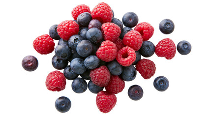 Isolated fresh ripe raspberries and blueberries mix in a delicious healthy fruit pile © David