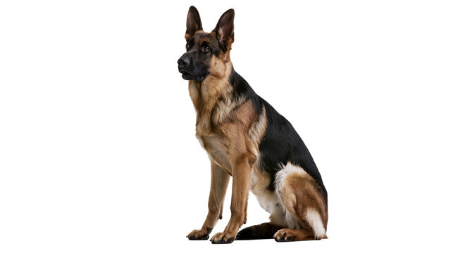 Isolated German Shepherd dog sitting calmly and attentively, faithful purebred animal studio shot.