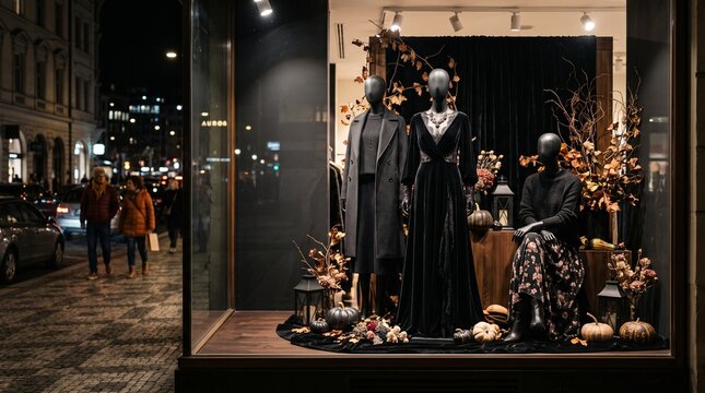 Fashion mannequins displayed in a luxury boutique storefront window.