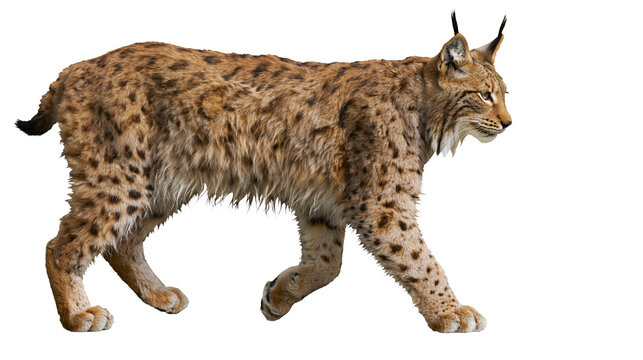 Isolated Eurasian lynx walking with spotted fur, a wild predatory cat from forest habitats