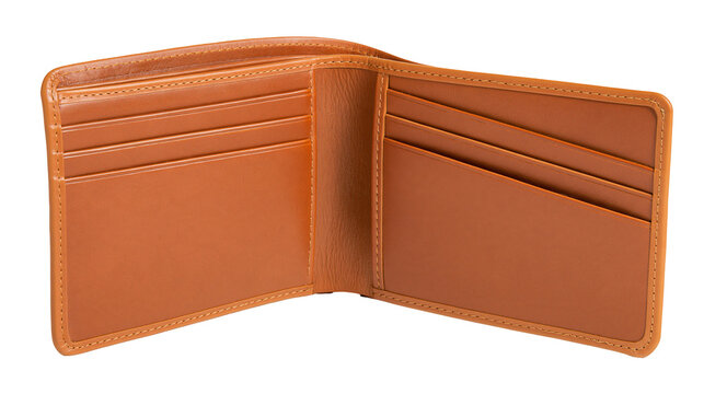 Isolated open brown bifold leather wallet showing multiple card slots and compartments