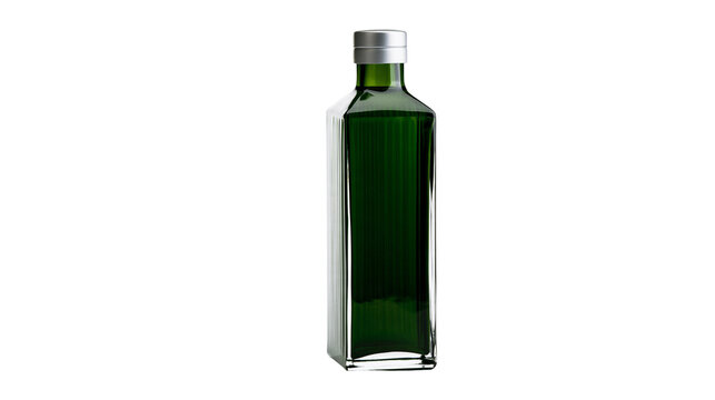 Isolated tall dark green glass bottle with elegant silver cap for premium liquid product